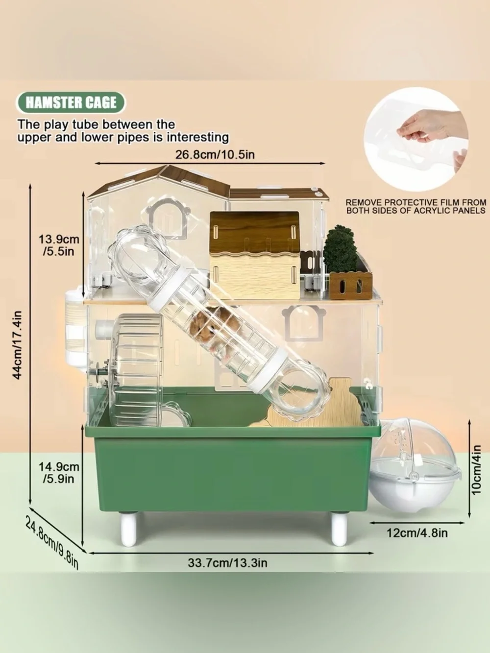 2-Level Hamster Cage with Clear Walls, Tunnels, Wheel & Accessories